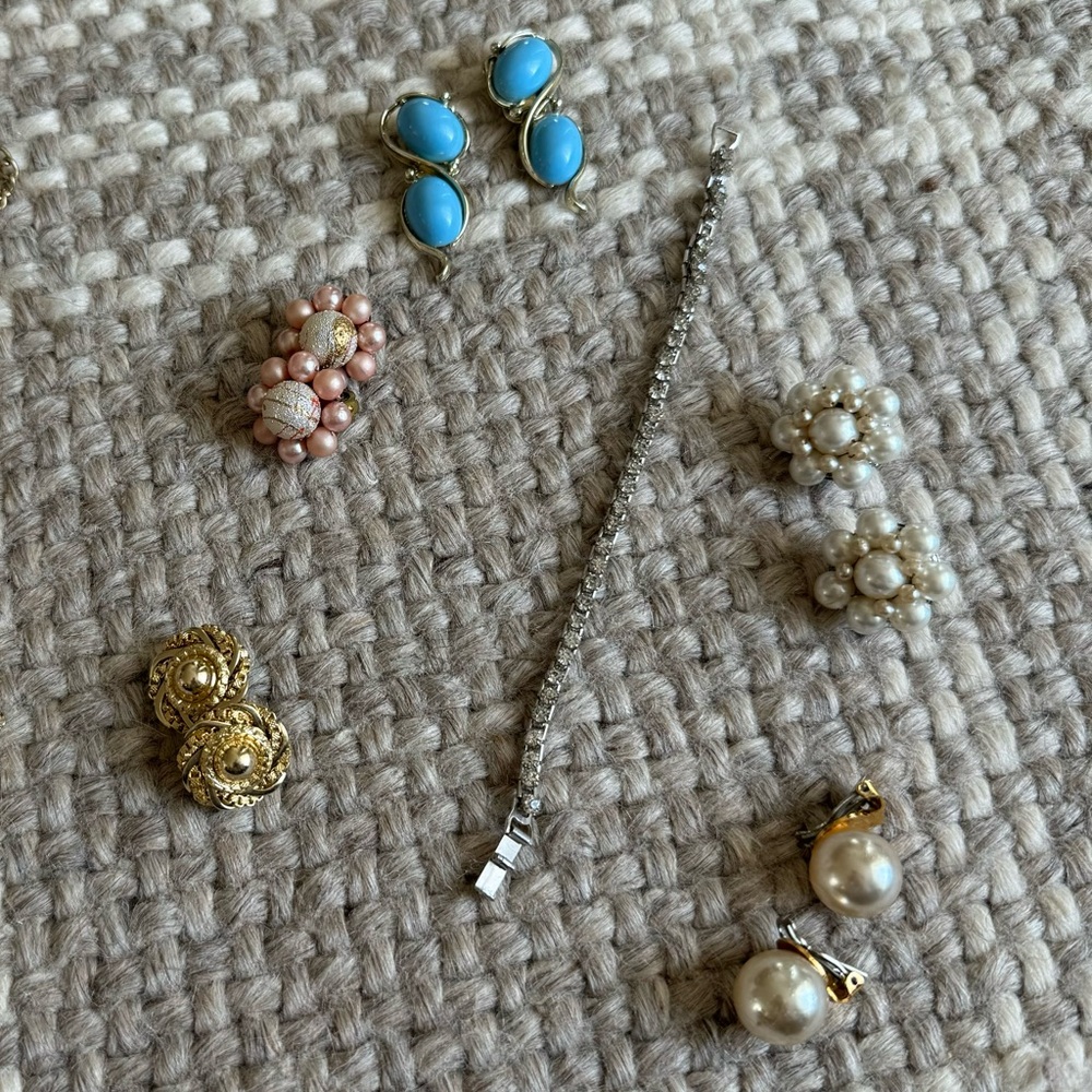 Vintage clip on earring and faux diamond tennis bracelet lot